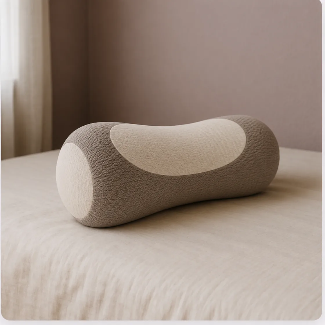 HuskRest cylindrical buckwheat pillow with memory foam core, on a bed in a bedroom