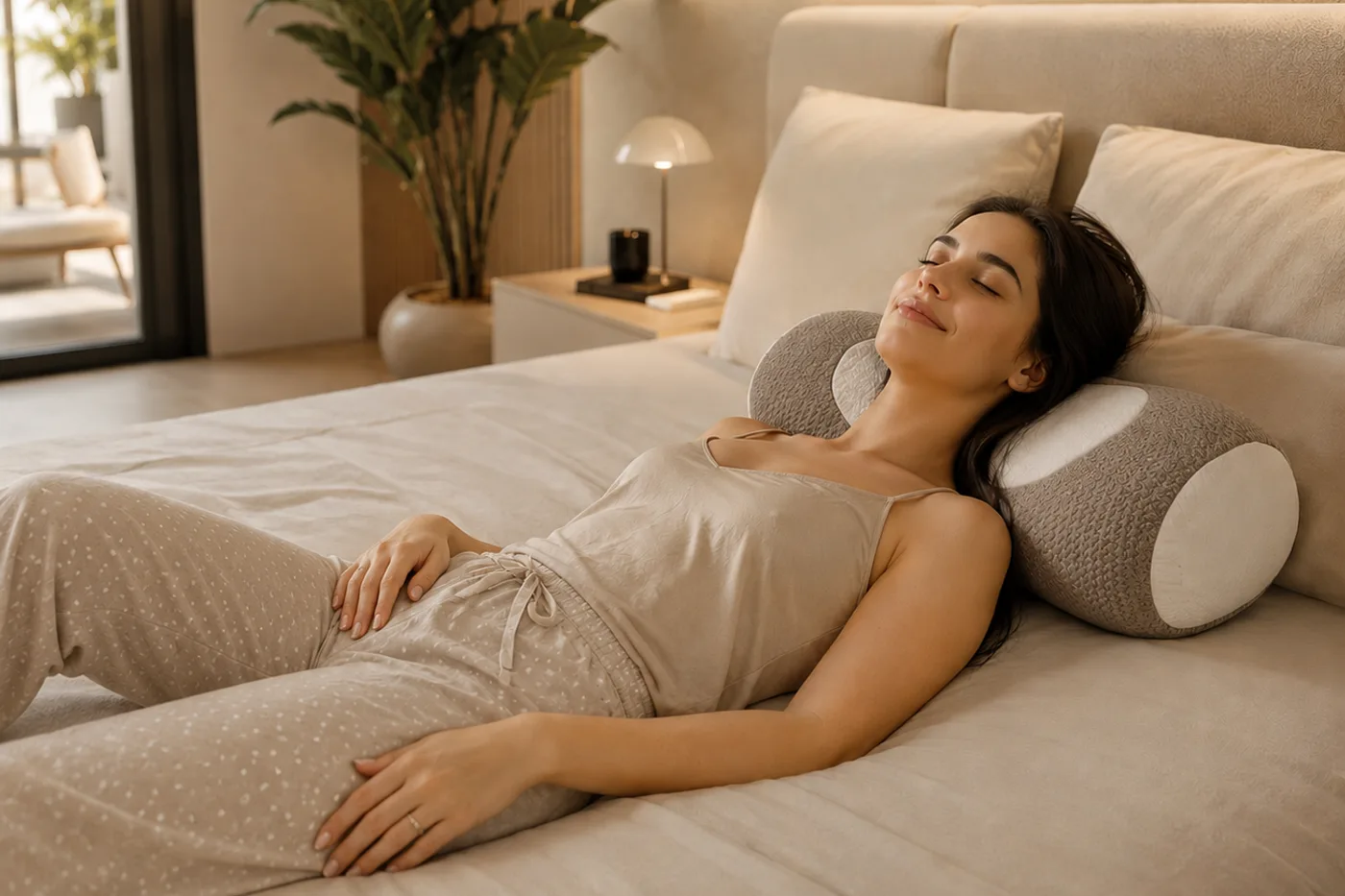 Buckwheat pillow used as neck support for a back sleeper in bed